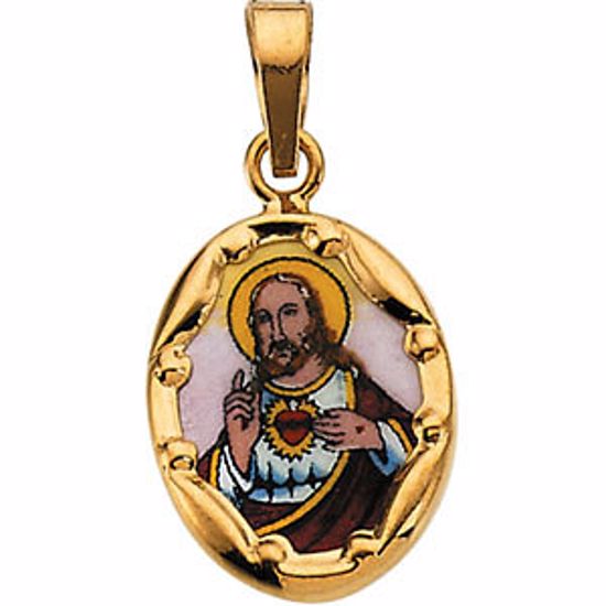 R16973:129603:P 14kt Yellow 13x10mm Sacred Heart of Jesus Hand-Painted Porcelain Pendant