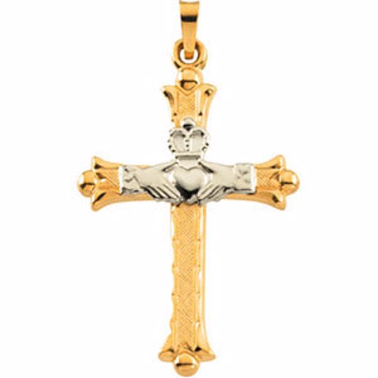 R41043:163693:P 14kt Yellow & White 32.5x23.5mm Hollow Claddagh Cross Pendant