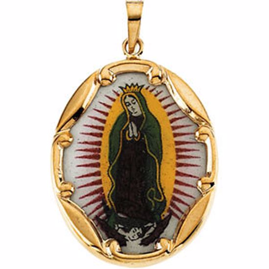 R16979:129615:P 14kt Yellow 25x19.5mm Our Lady of Guadalupe Hand-Painted Porcelain Medal