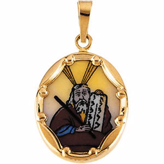 R16946:129516:P 14kt Yellow 13x10mm Moses Hand-Painted Porcelain Medal