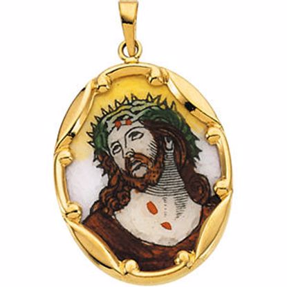 R16976:129612:P 14kt Yellow 25x19.5mm Face of Jesus Hand-Painted Porcelain Medal