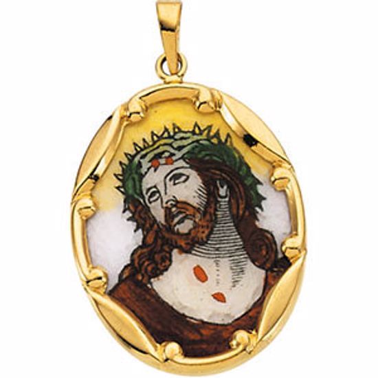 R16976:129612:P 14kt Yellow 25x19.5mm Face of Jesus Hand-Painted Porcelain Medal