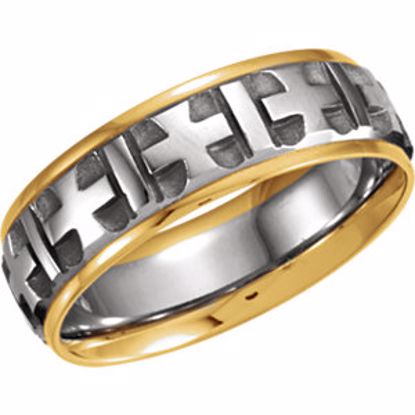 50308:266673:P 14kt White & Yellow  7mm Comfort-Fit Cross Pattern Band Size 9.5