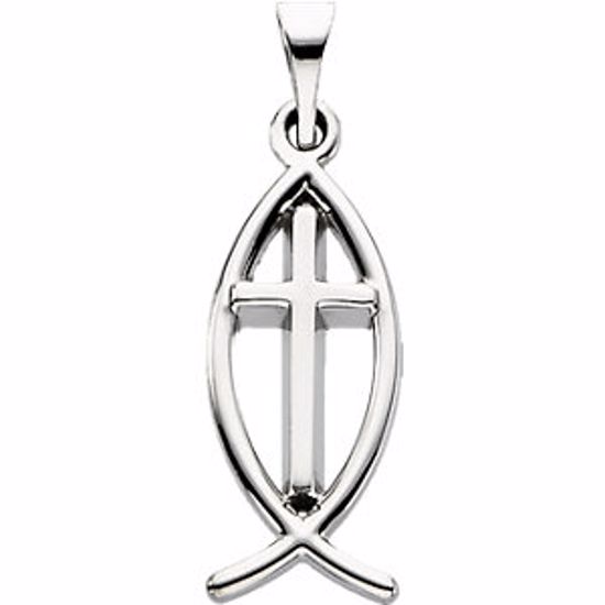 R5063:63478:P 14kt White 17x8mm Fish Pendant with Cross