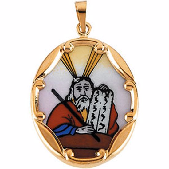 R16946:129517:P 14kt Yellow 13x10mm Moses Hand-Painted Porcelain Medal