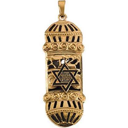 R16414:104225:P 14kt Yellow 37x13mm Mezuzah Pendant with Blue & White Enamel