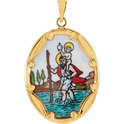 R16945:129592:P 14kt Yellow 25x19.5mm St. Christopher Hand-Painted Porcelain Medal
