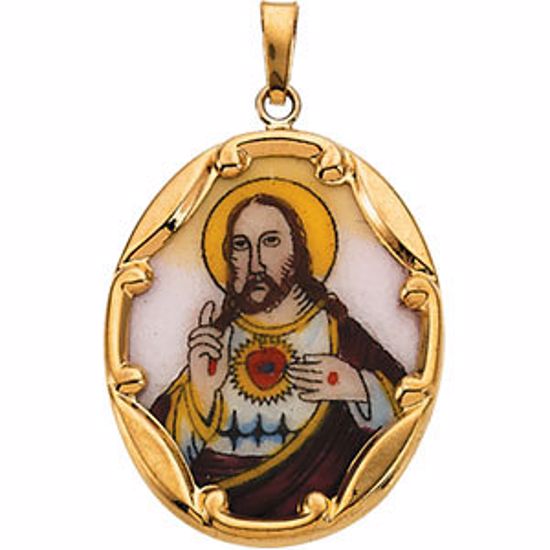 R16973:129605:P 14kt Yellow 25x19.5mm Sacred Heart of Jesus Hand-Painted Porcelain Pendant
