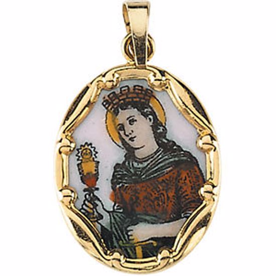 R16974:129607:P 14kt Yellow 17x13.5mm St. Barbara Hand-Painted Porcelain Medal