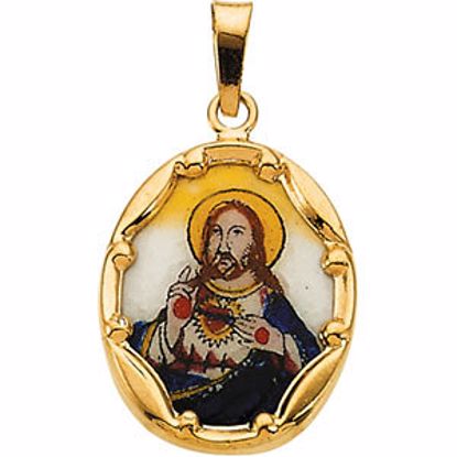 R16973:129604:P 14kt Yellow 17x13.5mm Sacred Heart of Jesus Hand-Painted Porcelain Pendant