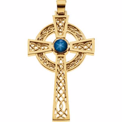 R41226S:100125:P 14kt Yellow Blue Star Sapphire Cross Pendant 