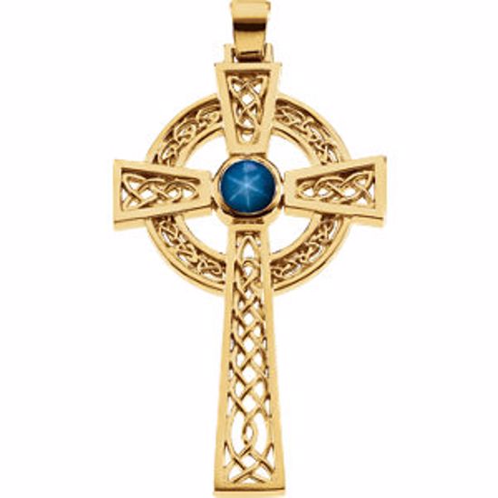 R41226S:100125:P 14kt Yellow Blue Star Sapphire Cross Pendant 