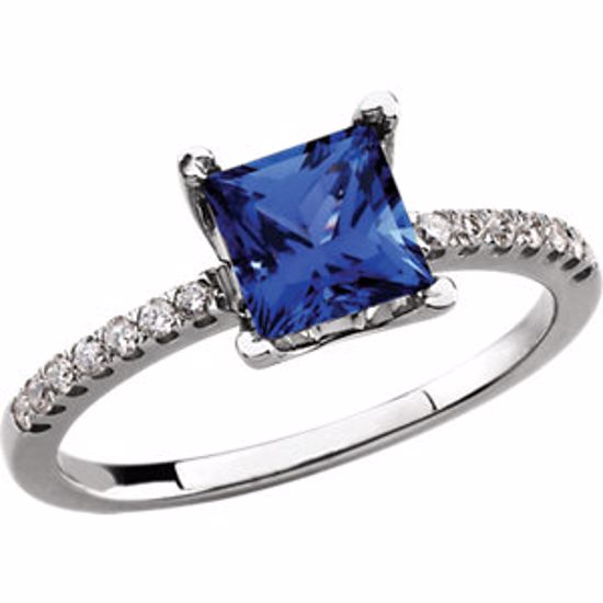 64174:100396:P 14kt White Chatham® Created Sapphire & 1/6 CTW Diamond Ring