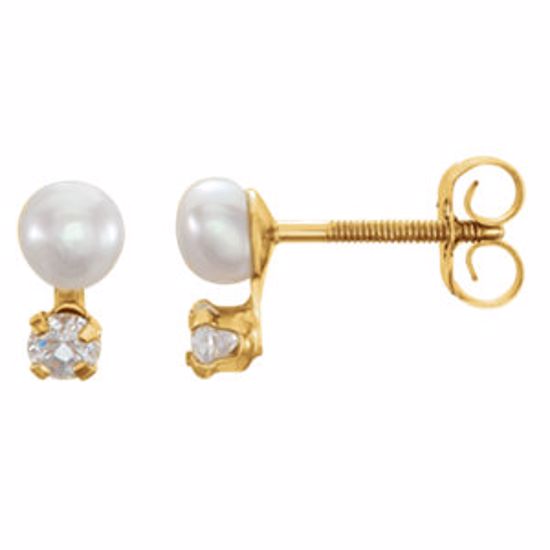 19155:2468300:P 14kt Yellow Youth Freshwater Cultured Pearl and Cubic Zirconia Earrings