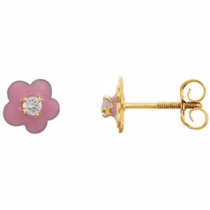 19195:2740790:P 14kt Yellow Youth Pink Enamel Flower & Cubic Zirconia Earrings