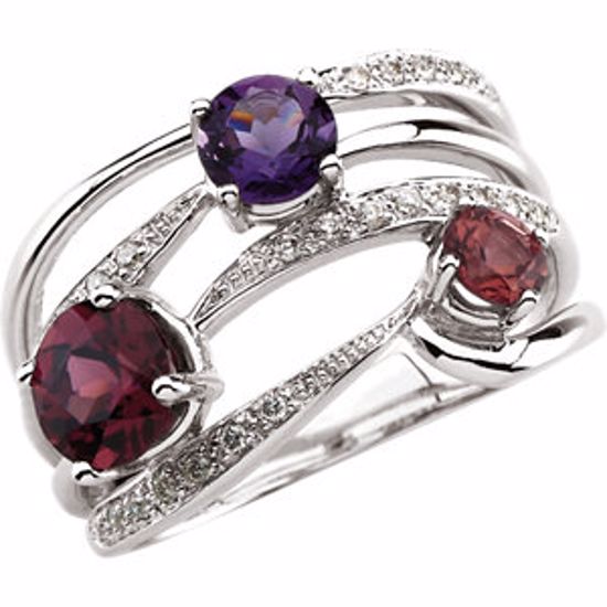 64273:100507:P 14kt White Amethyst, Garnet Rhodolite, Pink Tourmaline & 1/8 CT tw Diamond Ring