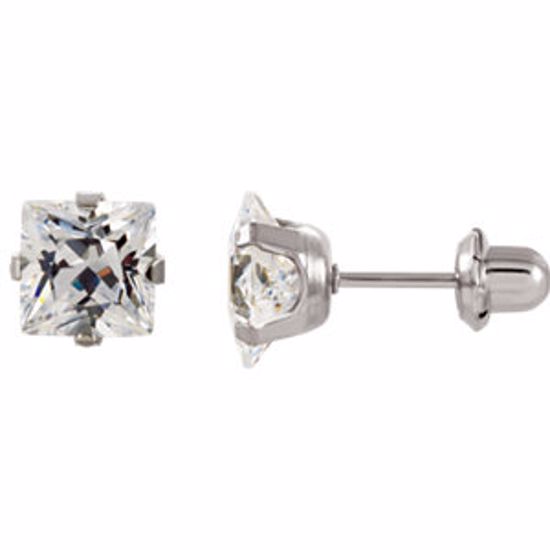 21523:2315340:P Stainless Steel 3mm Princess/Square Cubic Zirconia Piercing Earrings