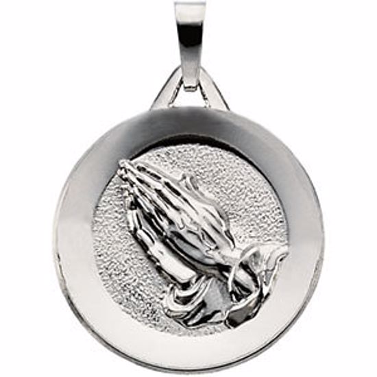 R16353:66896:P 14kt White 19mm Round Praying Hands Pendant