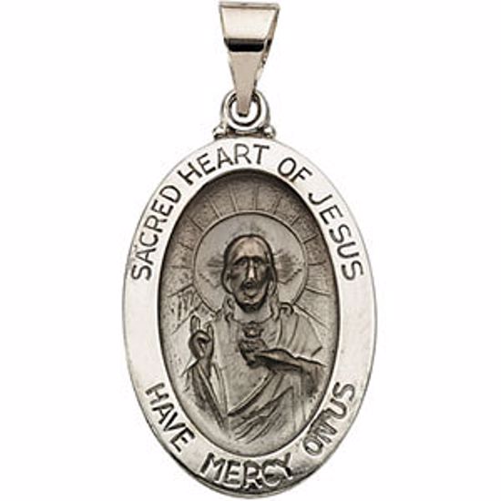 R41615:60001:P 14kt White 23.25x16mm Hollow Oval Sacred Heart of Jesus Medal