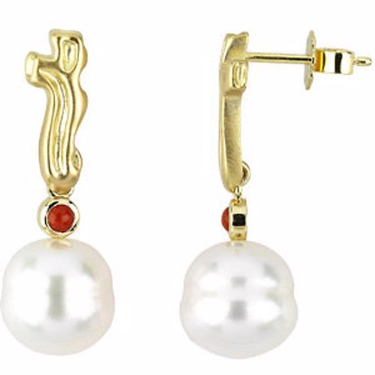 64947:100300:P 18kt Yellow 3mm Coral & 11mm South Sea Cultured Pearl Earrings