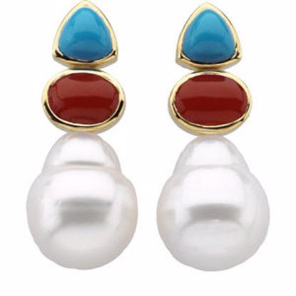 66178:60001:P South Sea Cultured Circlé Pearl, Genuine Turquoise & Genuine Red Coral Earrings