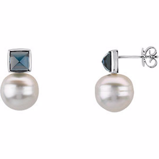 66094:60004:P 14kt White South Sea Pearl & London Blue Topaz Earrings