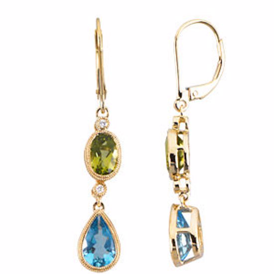 66273:60001:P 14kt Yellow Peridot, Swiss Blue Topaz & .04 CTW Diamond Earrings