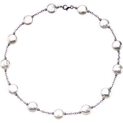 66365:60001:P Sterling Silver 12-13mm Freshwater Cultured White Coin Pearl Station 18" Necklace