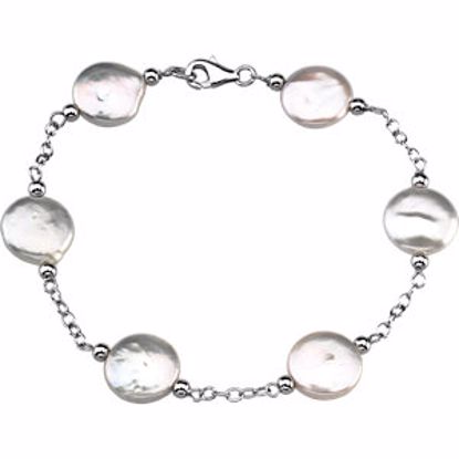 66365:60002:P Sterling Silver 12-13mm Freshwater Cultured White Coin Pearl Station 7.5" Bracelet