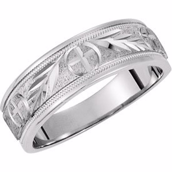 50570:100017:P 14kt White 7mm Tapered Circle & Cross Wedding Band Size 7