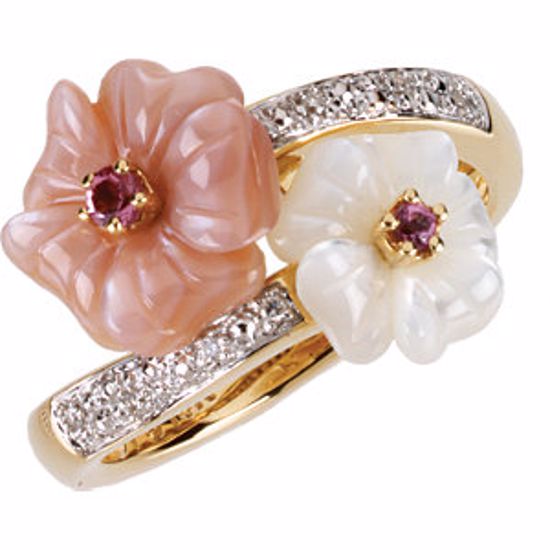 66718:60001:P 14kt Yellow Genuine Pink Tourmaline, Mother Of Pearl & .04 CTW Diamond Ring 