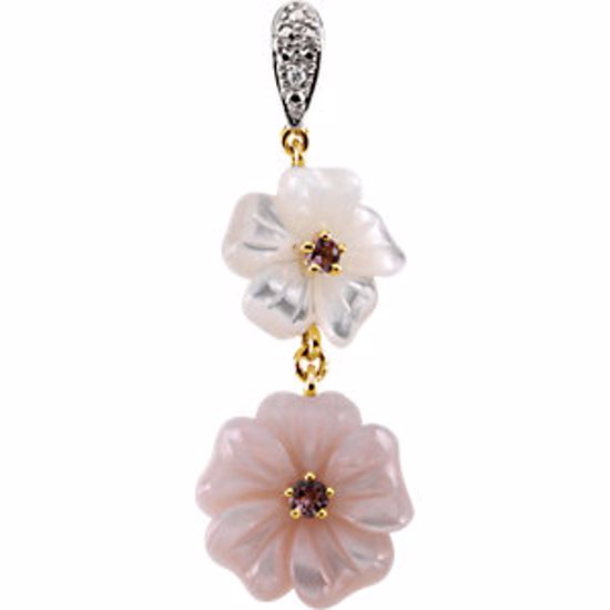 66719:60001:P Pink Tourmaline, Mother Of Pearl & Diamond Floral Design Pendant