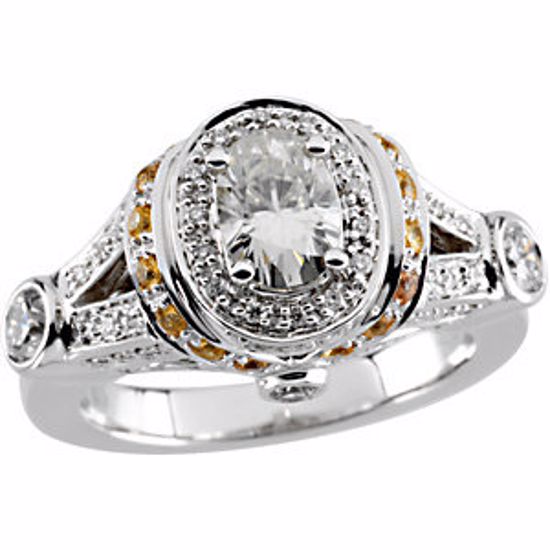 66958:102:P Charles & Colvard Moissanite® , Diamond & Sapphire Halo-Style Ring