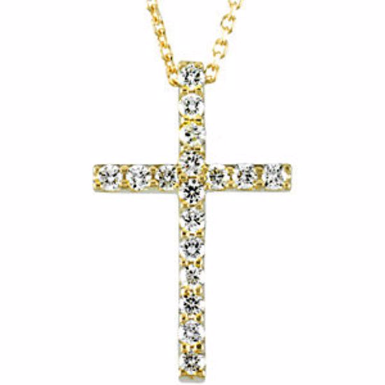 R42157D:1000140:P 14kt Yellow 1/4 CTW Petite Diamond Cross 18" Necklace