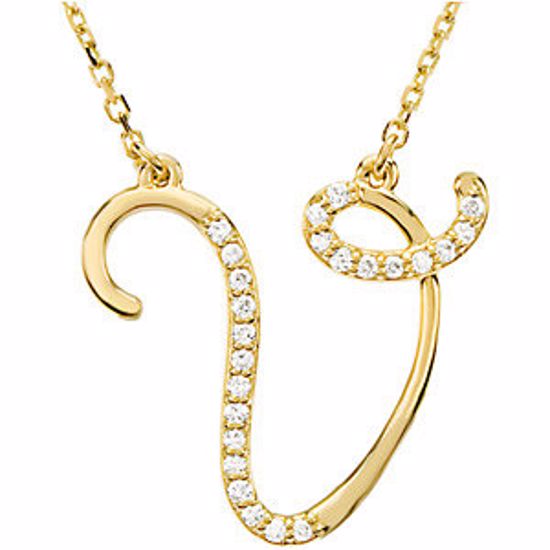 67399:143:P 14kt Yellow Letter "V" 1/8 CTW Diamond Initial 17" Necklace