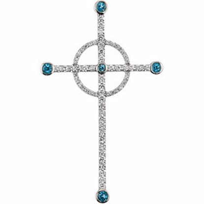 R42179T:102:P 14kt White Swiss Blue Topaz & 1/2 CTW Diamond Cross Pendant