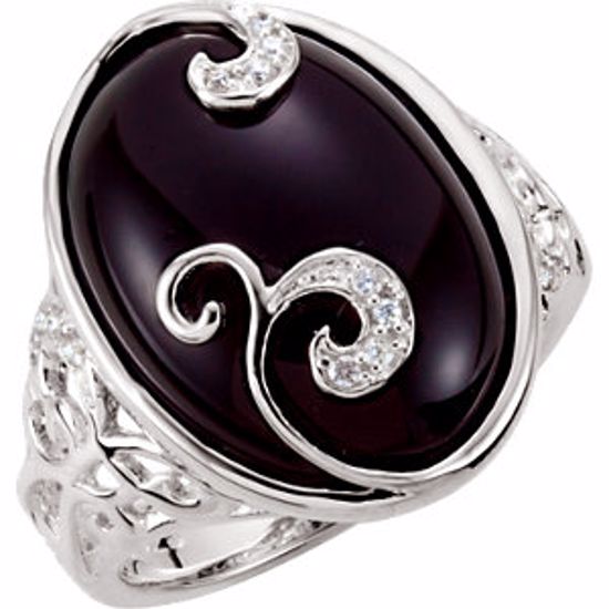 67464:100:P Onyx & Diamond Accented Scroll Design Ring