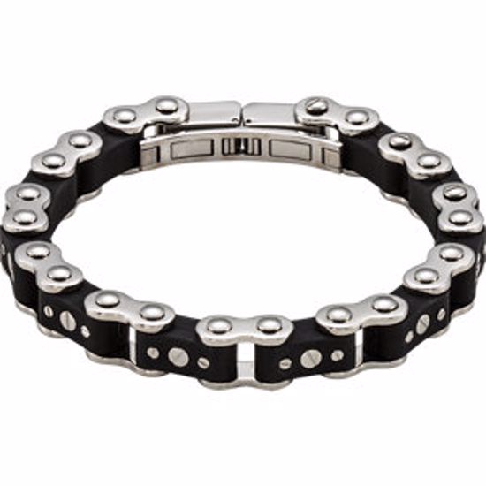 B919:101:P Stainless Steel & Black Rubber Bike Chain Link 8.5" Bracelet