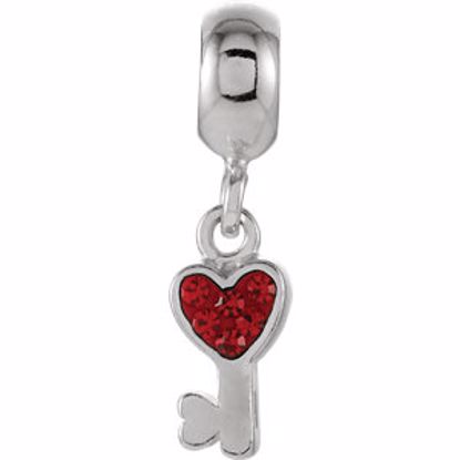 28104:101:P Sterling Silver 5.75x23.5mm Heart Shaped Key with Red Crystals Dangle Bead