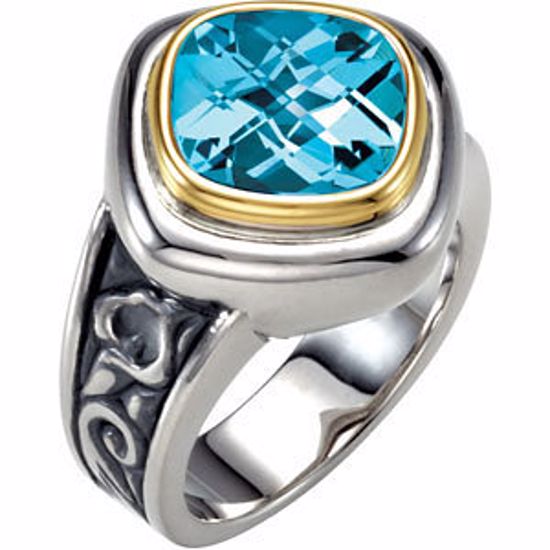 67969:101:P Sterling Silver & 14kt Yellow 10mm Checkerboard Sky Blue Topaz Ring