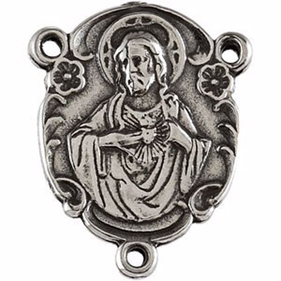 R48021:100:P Sterling Silver 17.95x12.9mm Sacred Heart of Jesus Rosary Center Medal