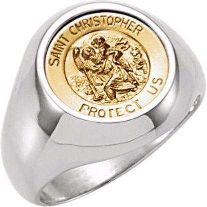 R43055:100:P Sterling Silver & 14kt Yellow St. Christopher Round Medal Ring Size Size 7