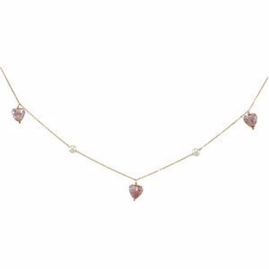 190004:100:P 14kt Yellow Pink Pearl Heart 15" Necklace