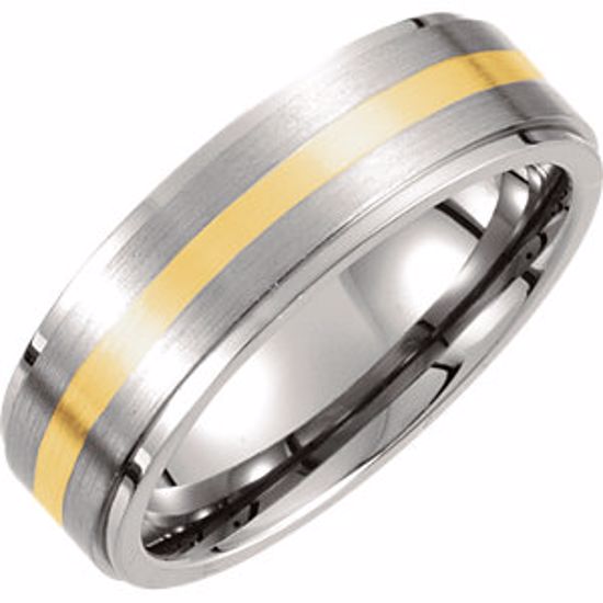 T942:085:P Titanium & 14kt Yellow Inlay 7mm Ridged & Satin Finished Band Size 8.5