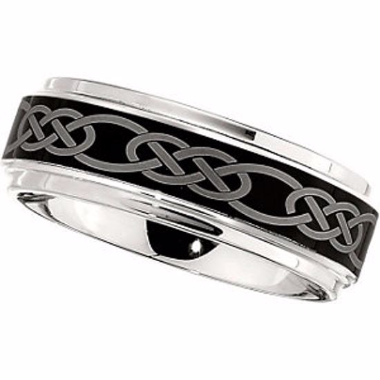 COR146:013:P Cobalt 8mm Band with Black Laser Celtic Knot Pattern Size 13