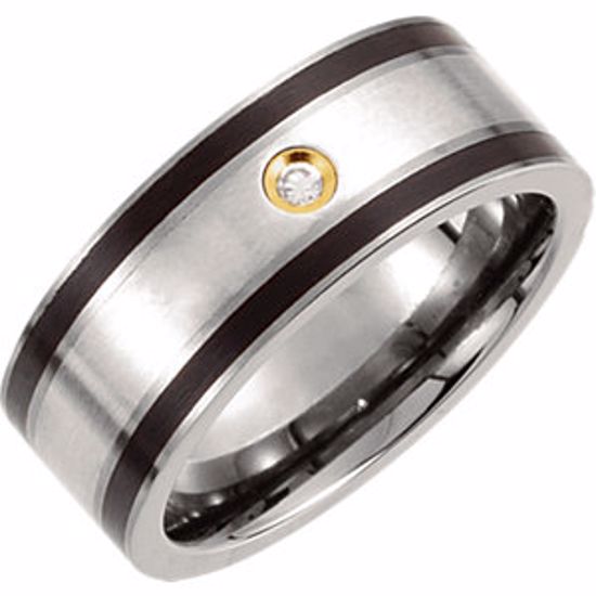 T915D:101:P Titanium, Sterling Silver Inlay, Black Enamel & 14kt Gold Plate 9mm .06 CTW Diamond Band Size 8.5 