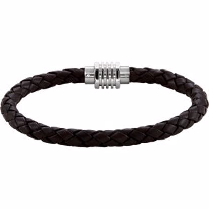 LEG050:302:P Stainless Steel & Dark Brown Braided Leather 8.5" Bracelet with Magnetic Clasp 