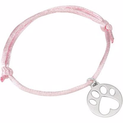 85145:107:P Sterling Silver Pink Satin Cord Adjustable Bracelet with Paw Charm