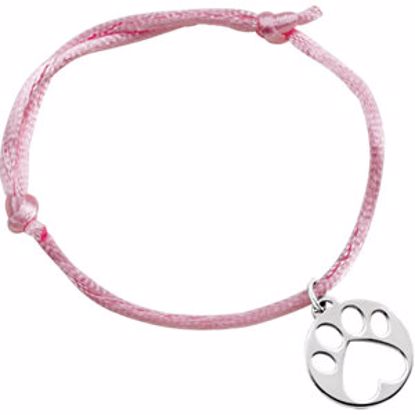 85145:101:P 14kt White Pink Satin Cord Adjustable Bracelet with Paw Charm