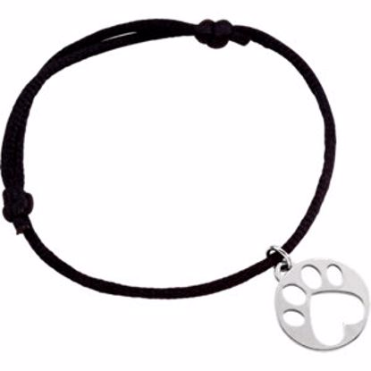 85145:102:P 14kt White Black Satin Cord Adjustable Bracelet with Paw Charm